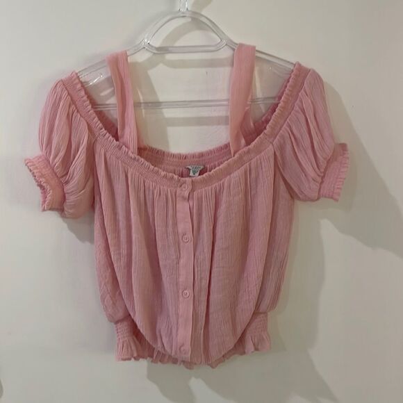 GUESS pink off shoulder cold shoulder ruched boho festival crop top XS - Picture 6 of 13